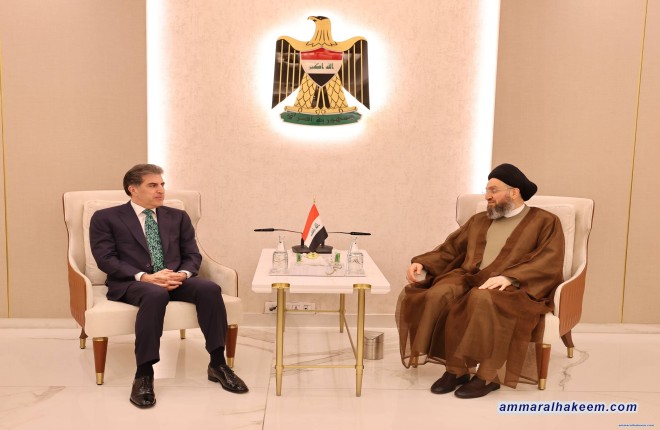 السيد الحكيم يستقبل نيجيرفان بارزاني و يؤكد على تعزيز التعاون بين بغداد وأربيل ودعم تشكيل حكومة إصلاحات وإنهاء صراعات المنطقة