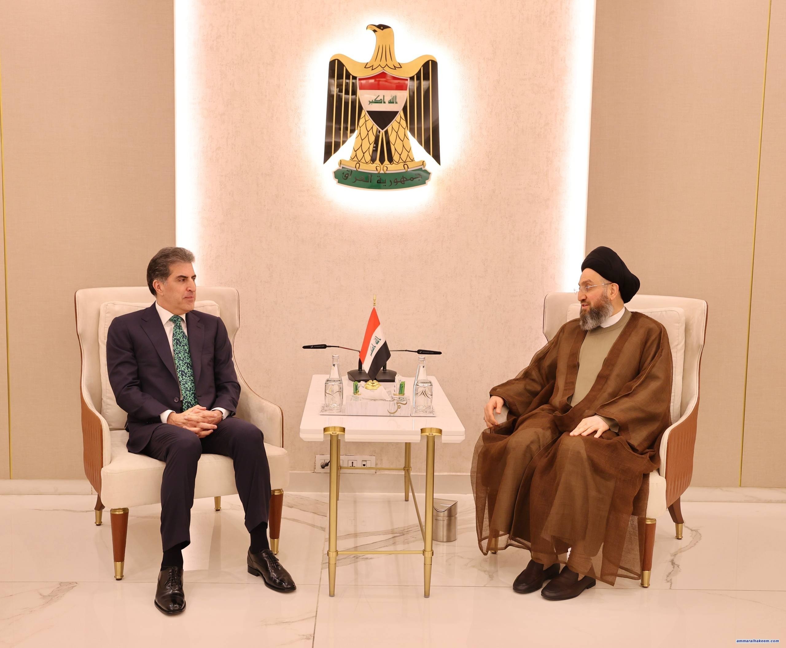 السيد الحكيم يستقبل نيجيرفان بارزاني و يؤكد على تعزيز التعاون بين بغداد وأربيل ودعم تشكيل حكومة إصلاحات وإنهاء صراعات المنطقة